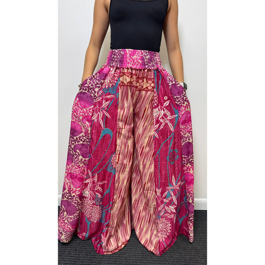 Mixed-print wide-leg trousers- One Size 100% Silk
