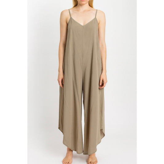 WASHED WOVEN SLOUCHY FITTED JUMPSUIT WITH CAMI STRAP. MADE IN USA