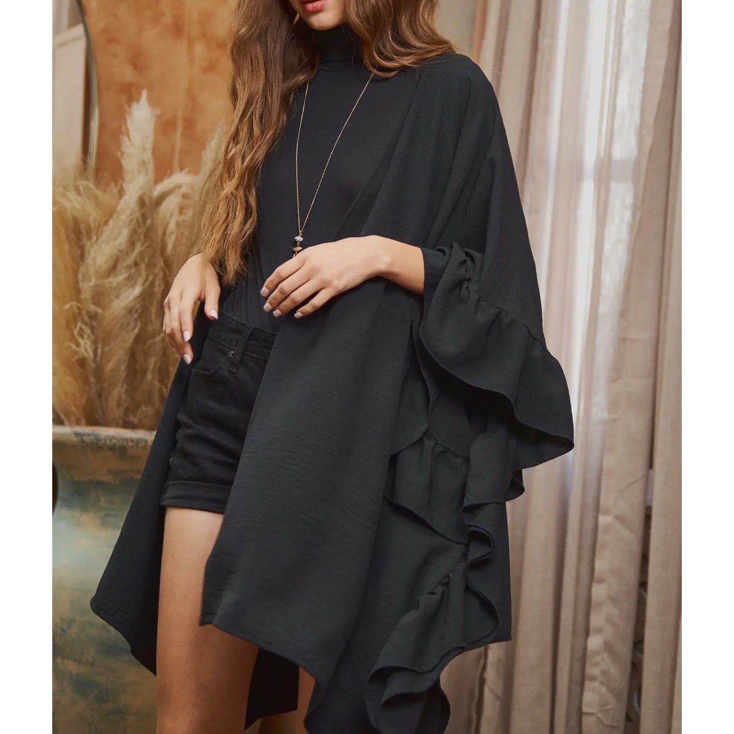 Wide sleeves ruffle kimono