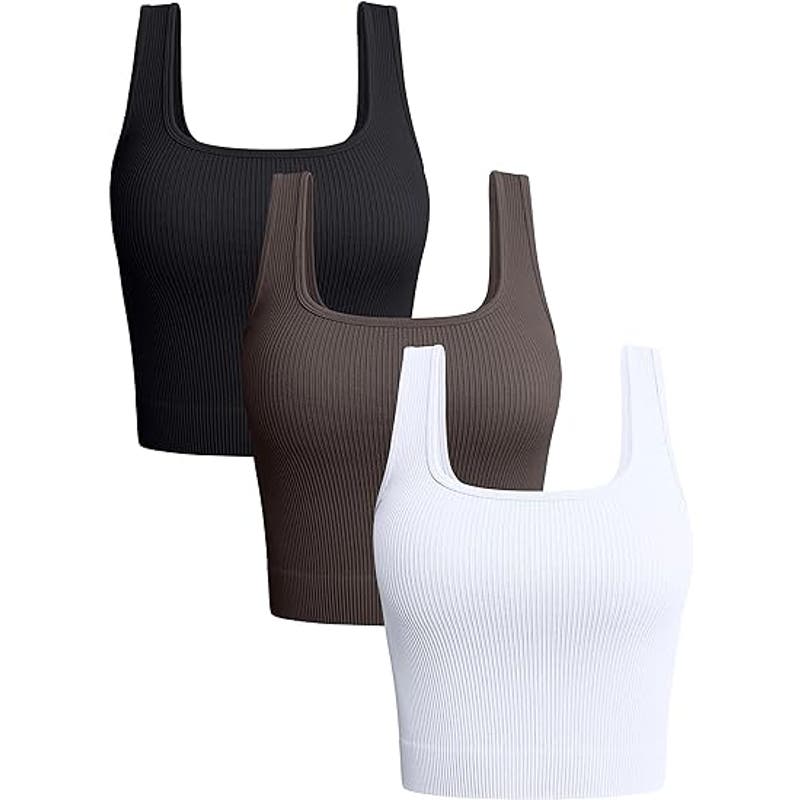 OQQ Women's 3 Piece Medium Support Tank Top Ribbed Seamless Workout Sport Bra