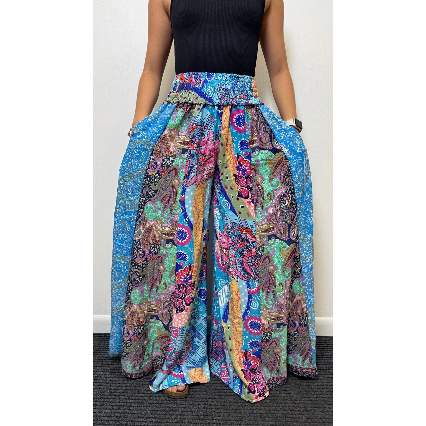 Mixed-print wide-leg trousers- One Size 100% Silk