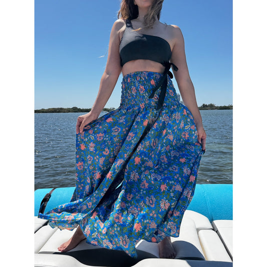 Maxi Pants Wide Leg High Waisted blue leaves