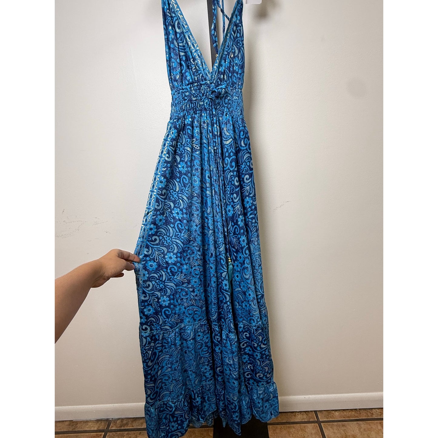 NWT 70% Silk 30% Polyester Blue & Gold Maxi Dress Boho Halter