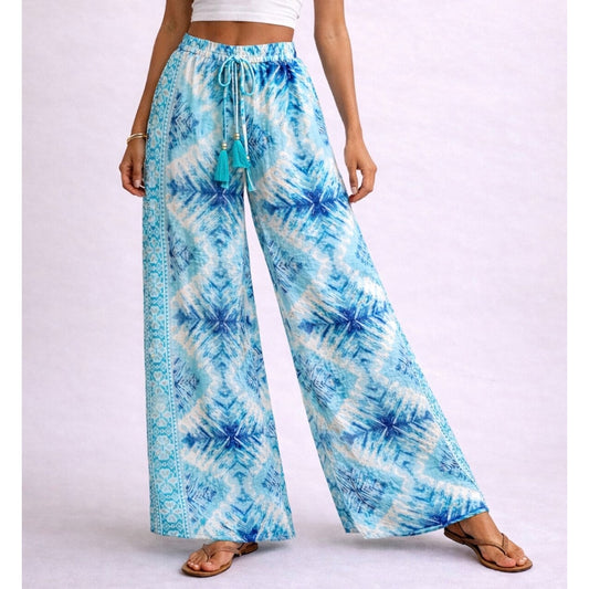 Aqua Tie-Dye Wide-Leg Resort Pants with Tassel Waist