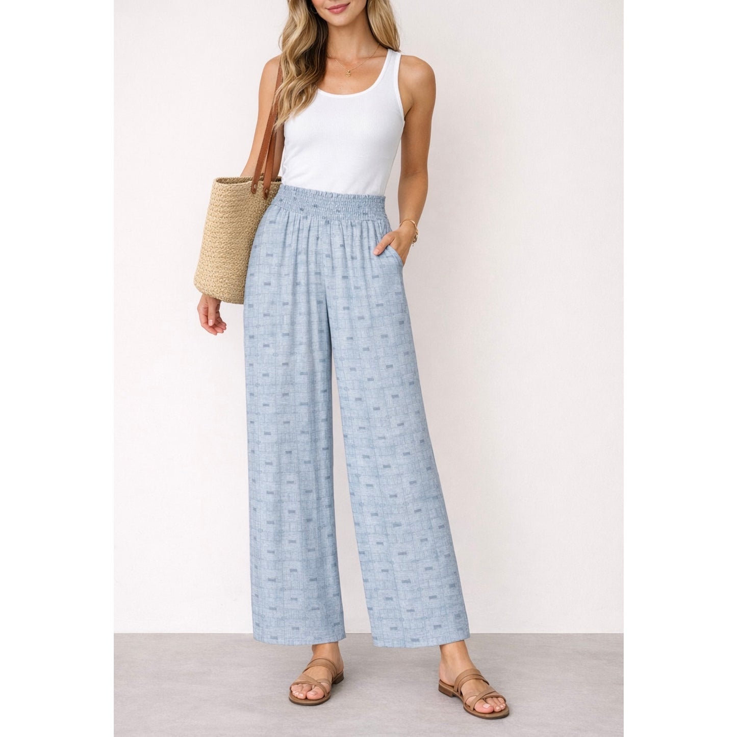 NWOT Soft Blue Smocked Waist Wide-Leg Pants with Pockets