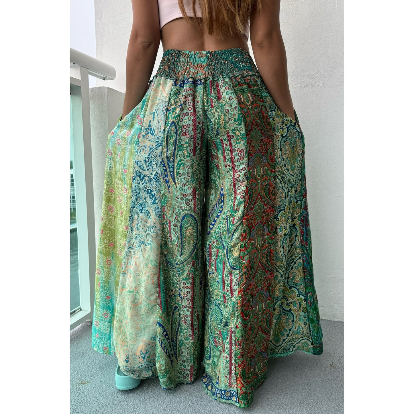 Mixed-print wide-leg trousers- One Size