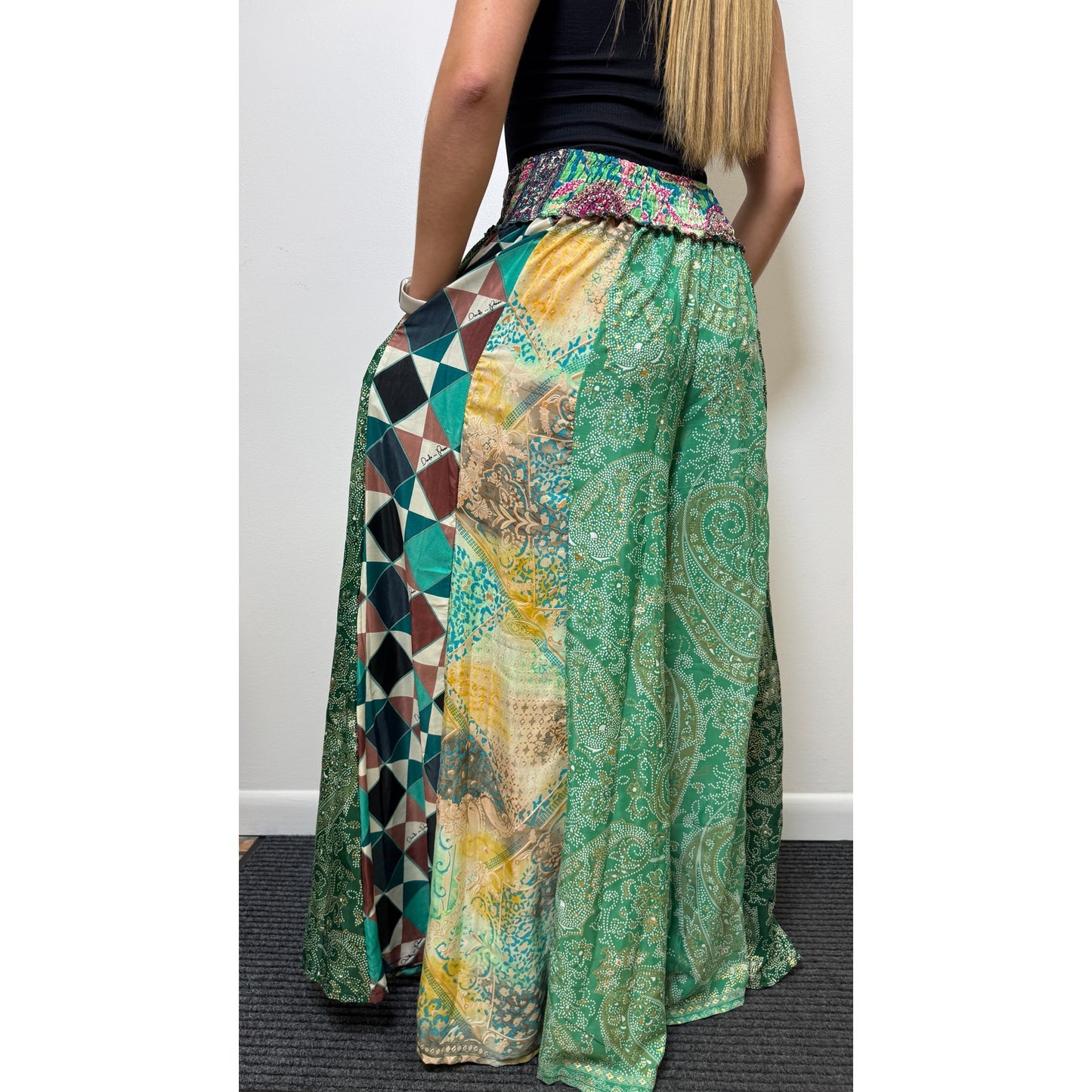 Mixed-print wide-leg trousers- One Size 100% Silk