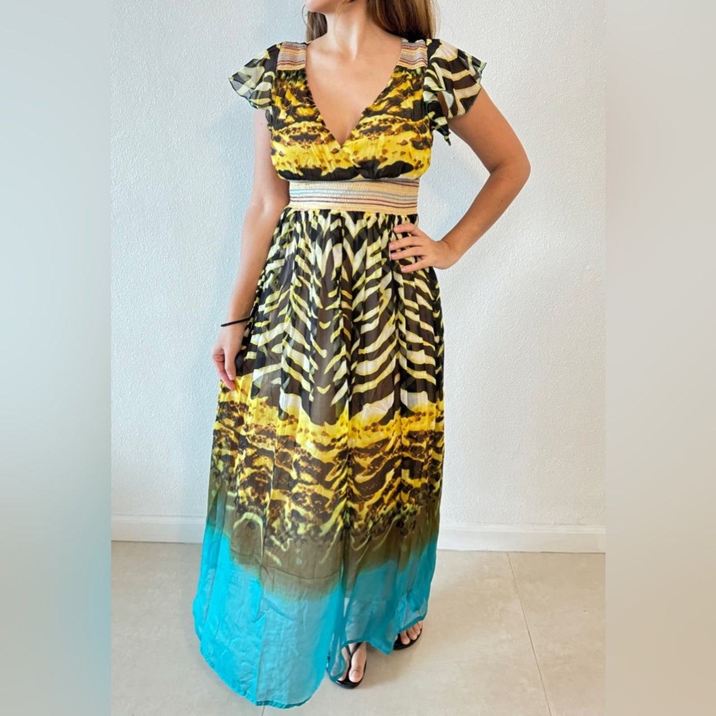 Maxi turquoise and beige animal print Dress