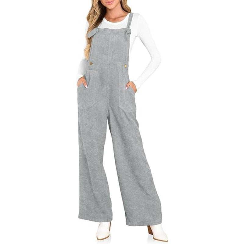 Women's Casual Corduroy Overalls Jumpsuits Fall Fashion Adjustable Straps Wide Straight Leg