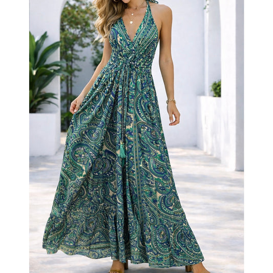 NWT 100% Viscose Blue Paisley Maxi Dress Boho Halter