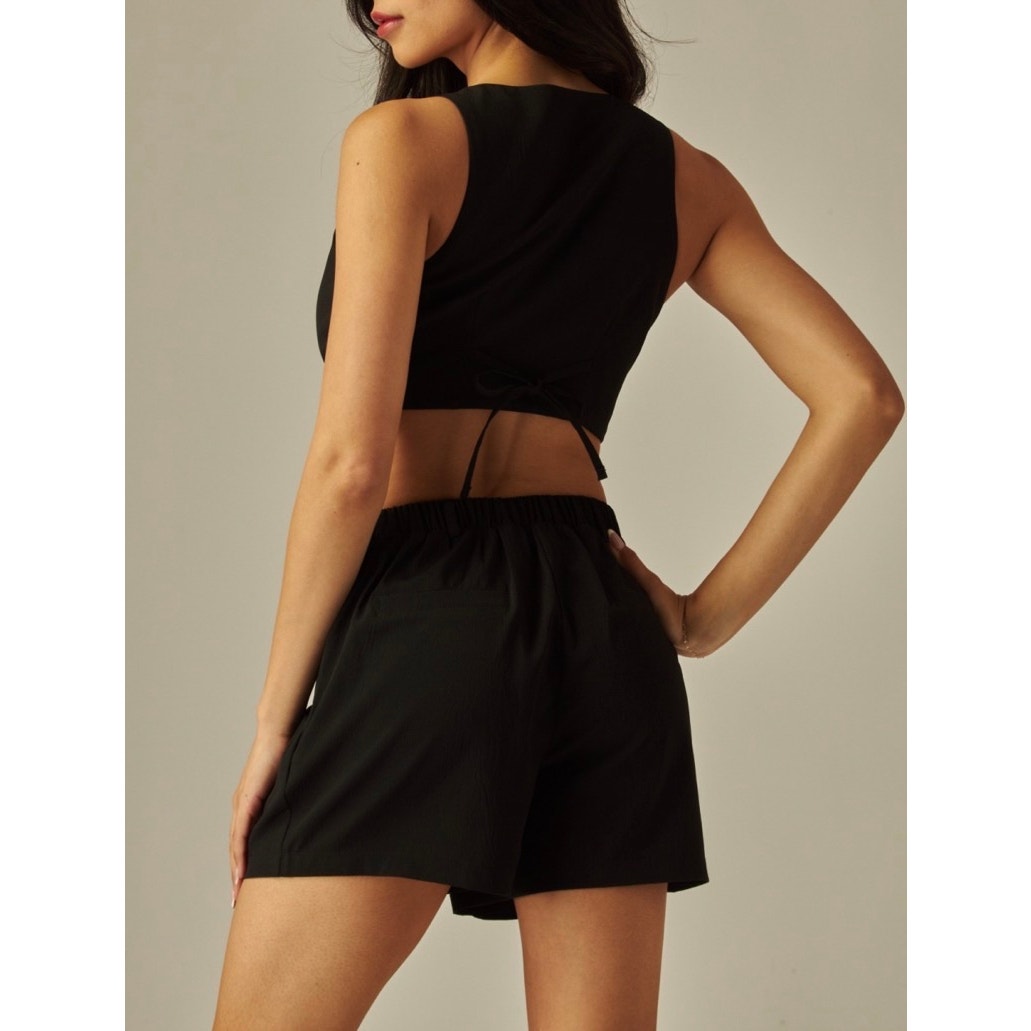 Textured Woven Vest With Pleated Short Set