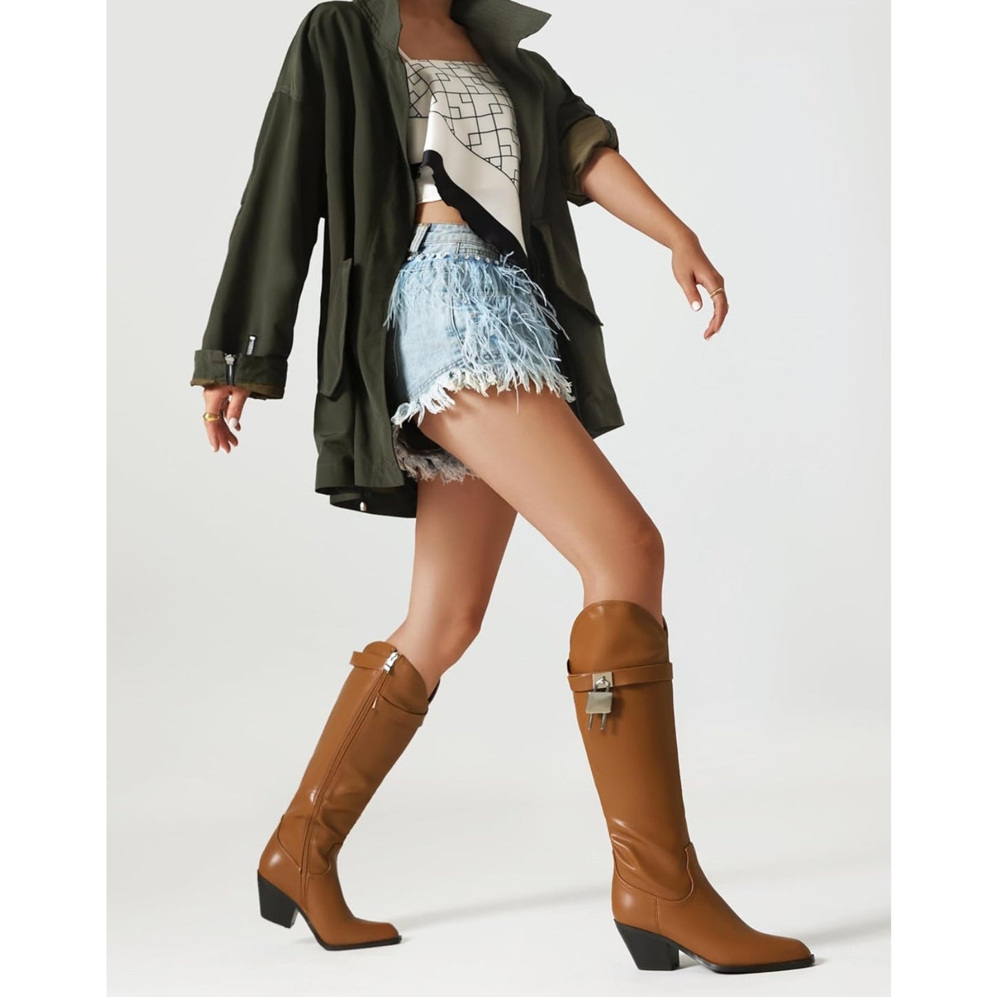 Women's Chunky heel Knee High Boots Cowboy Side