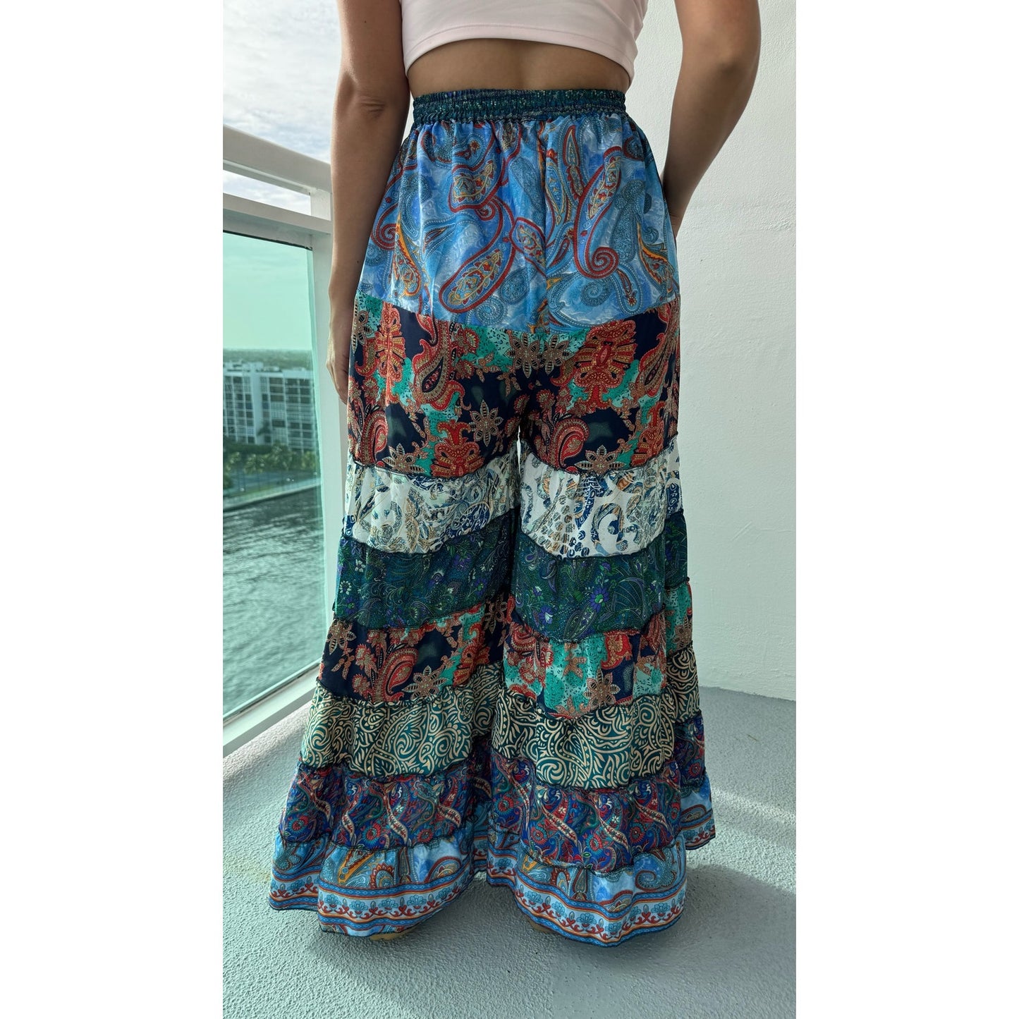 Mixed-print wide-leg trousers- One Size 100% Silk