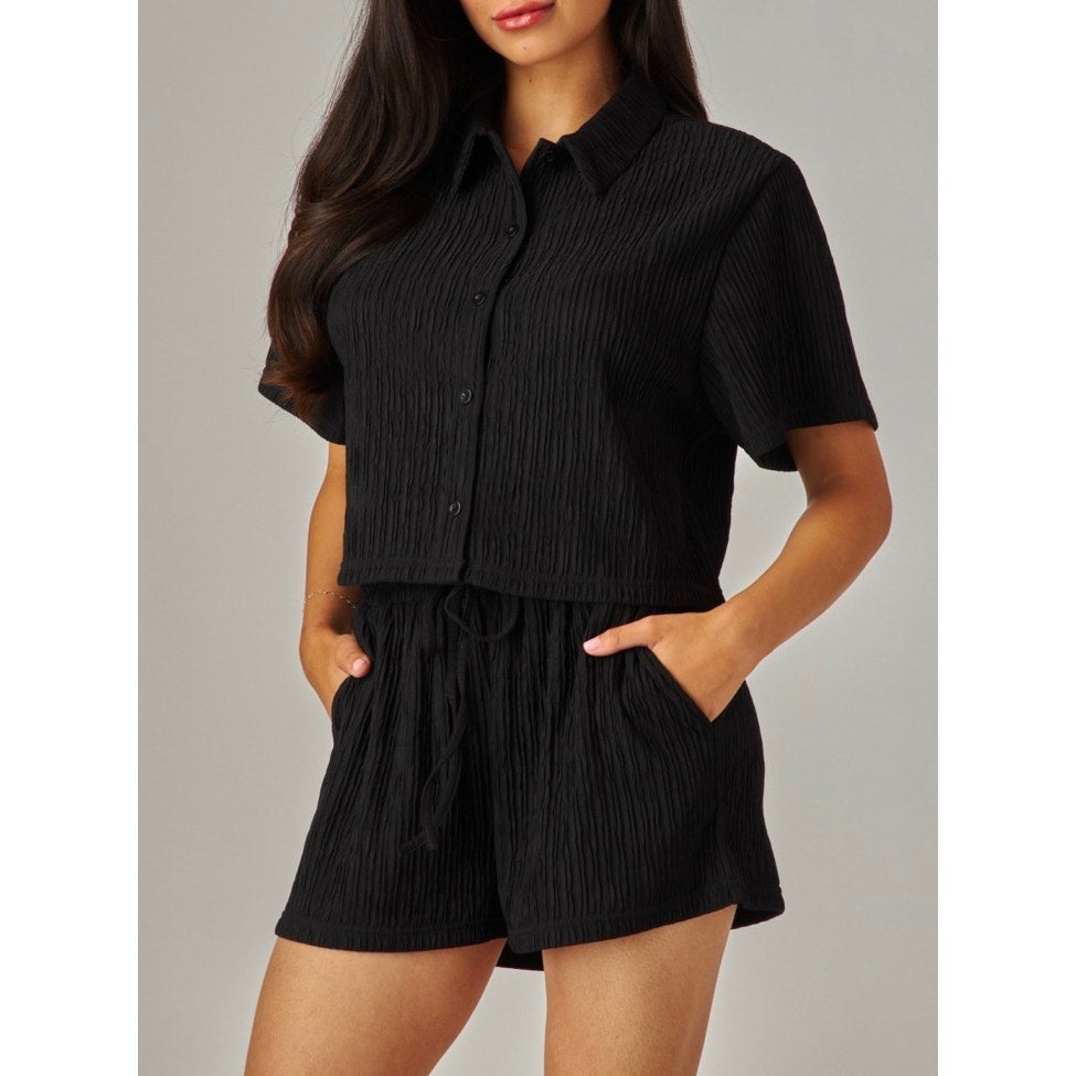 Crinkled Plisse Button Down Shirt Loungewear Shorts Set