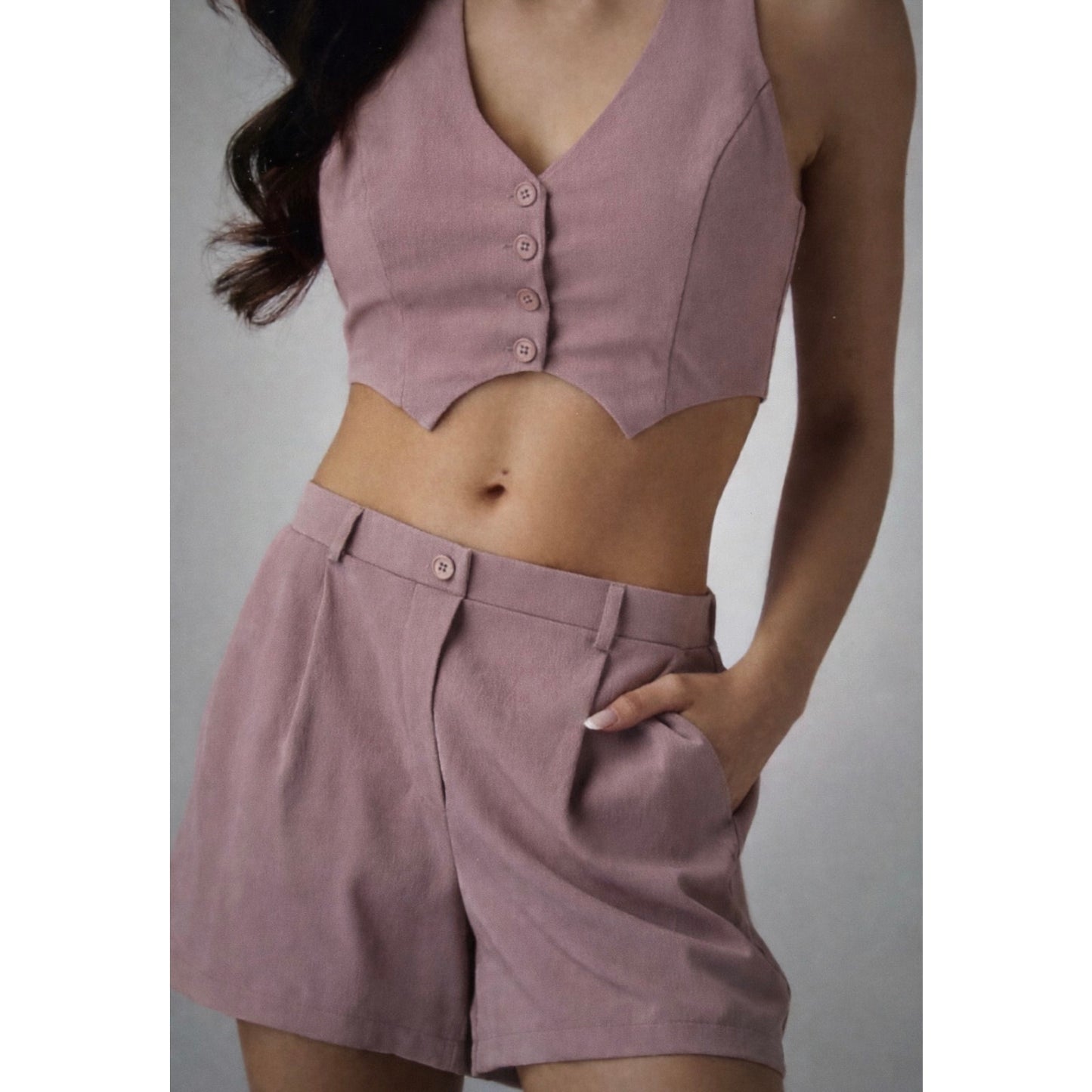 Textured Woven Vest With Pleated Short Set