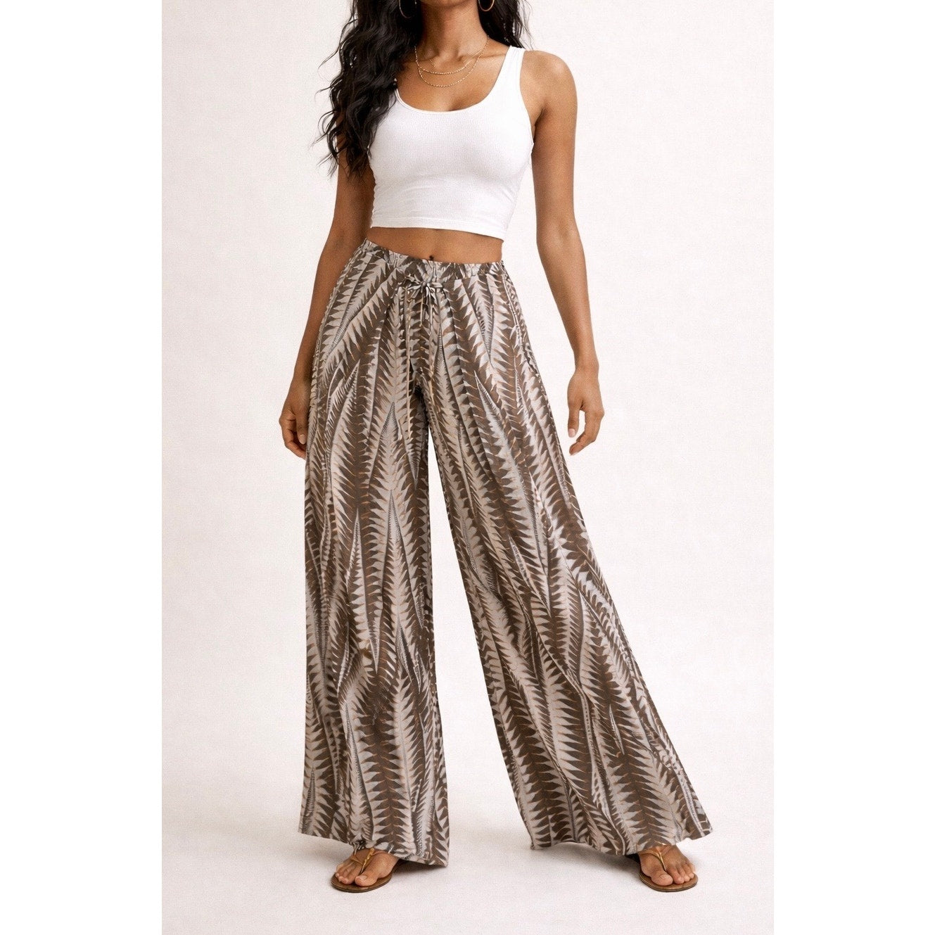 High-waist elastic waistband pants with adjustable drawstring