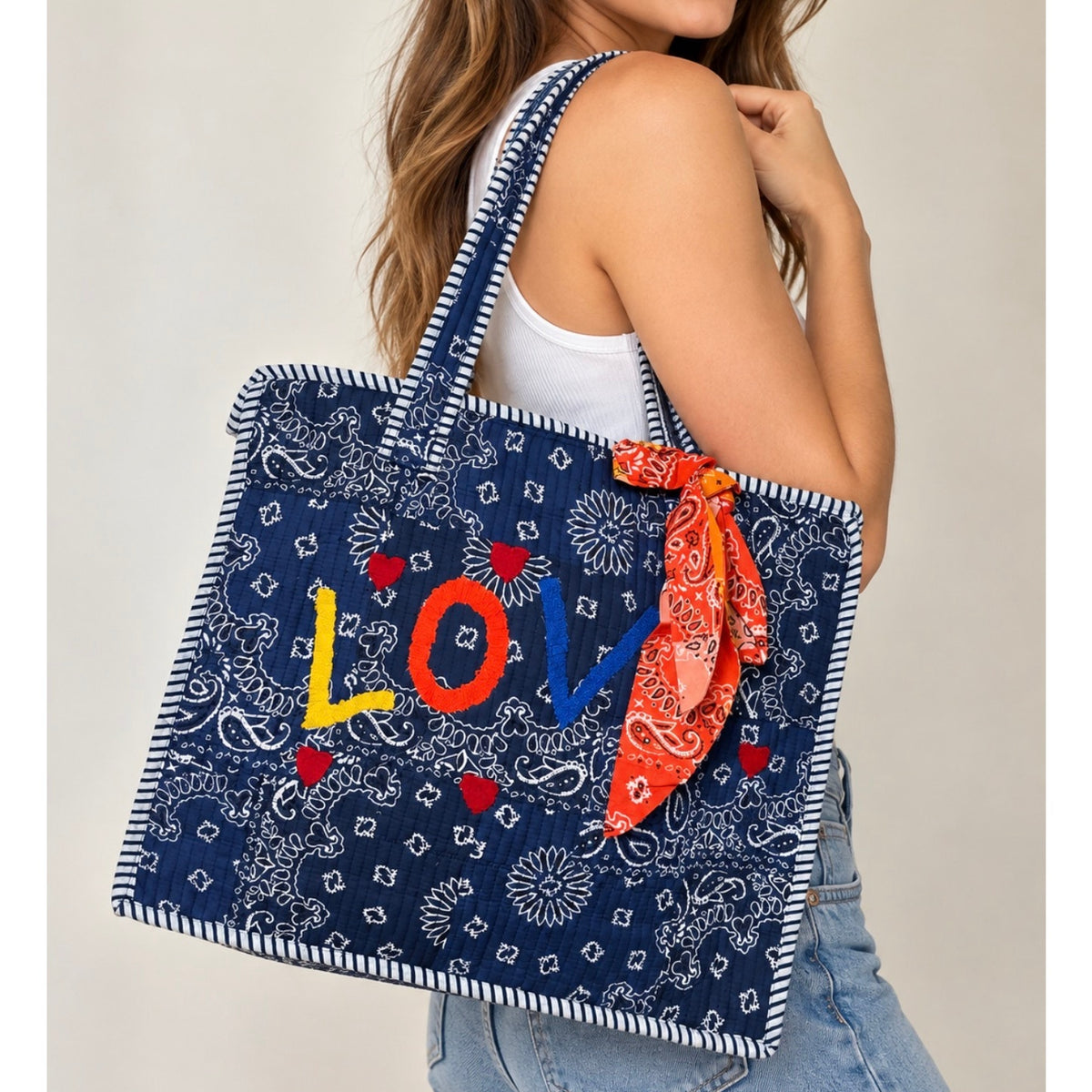 POL Quilted Bandana LOVE Tote Bag – Navy Blue