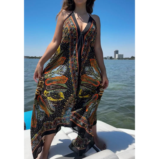 Short floral paisley scarf dress cover-up featuring an open back and deep V-neck
