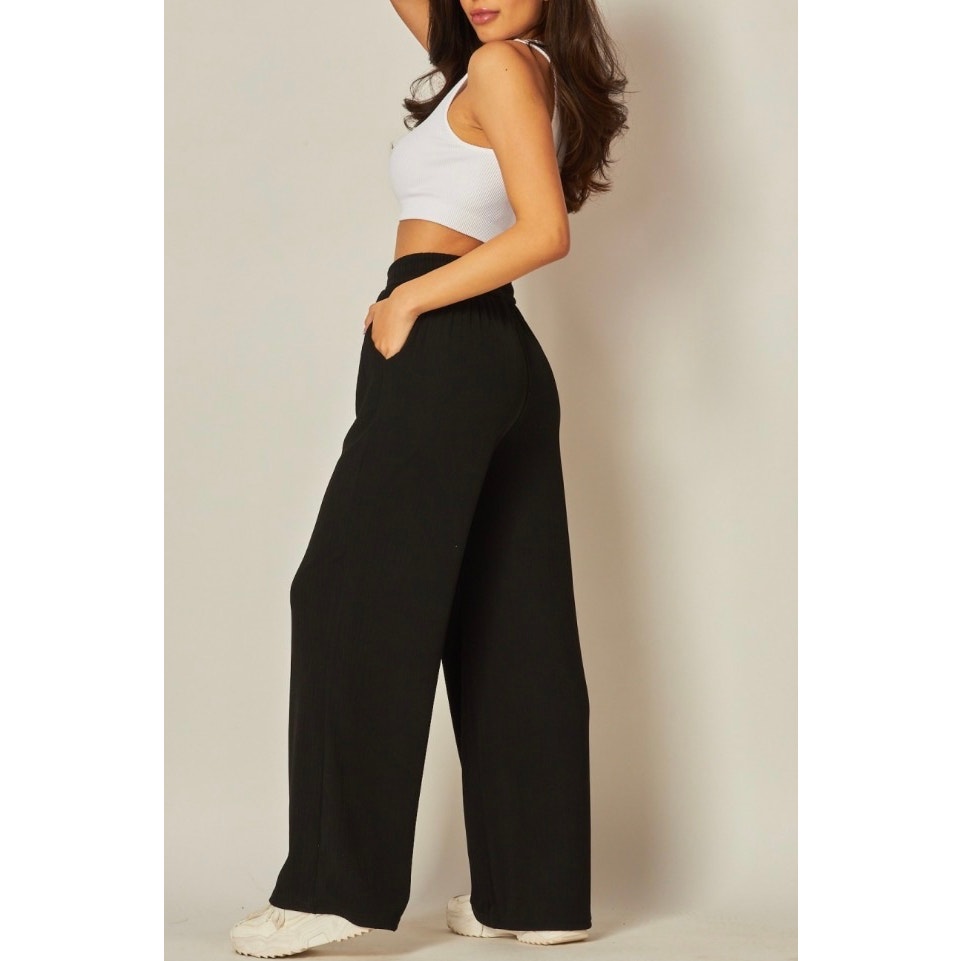 Ribbed High-rise Drawstring Wide Leg Pants