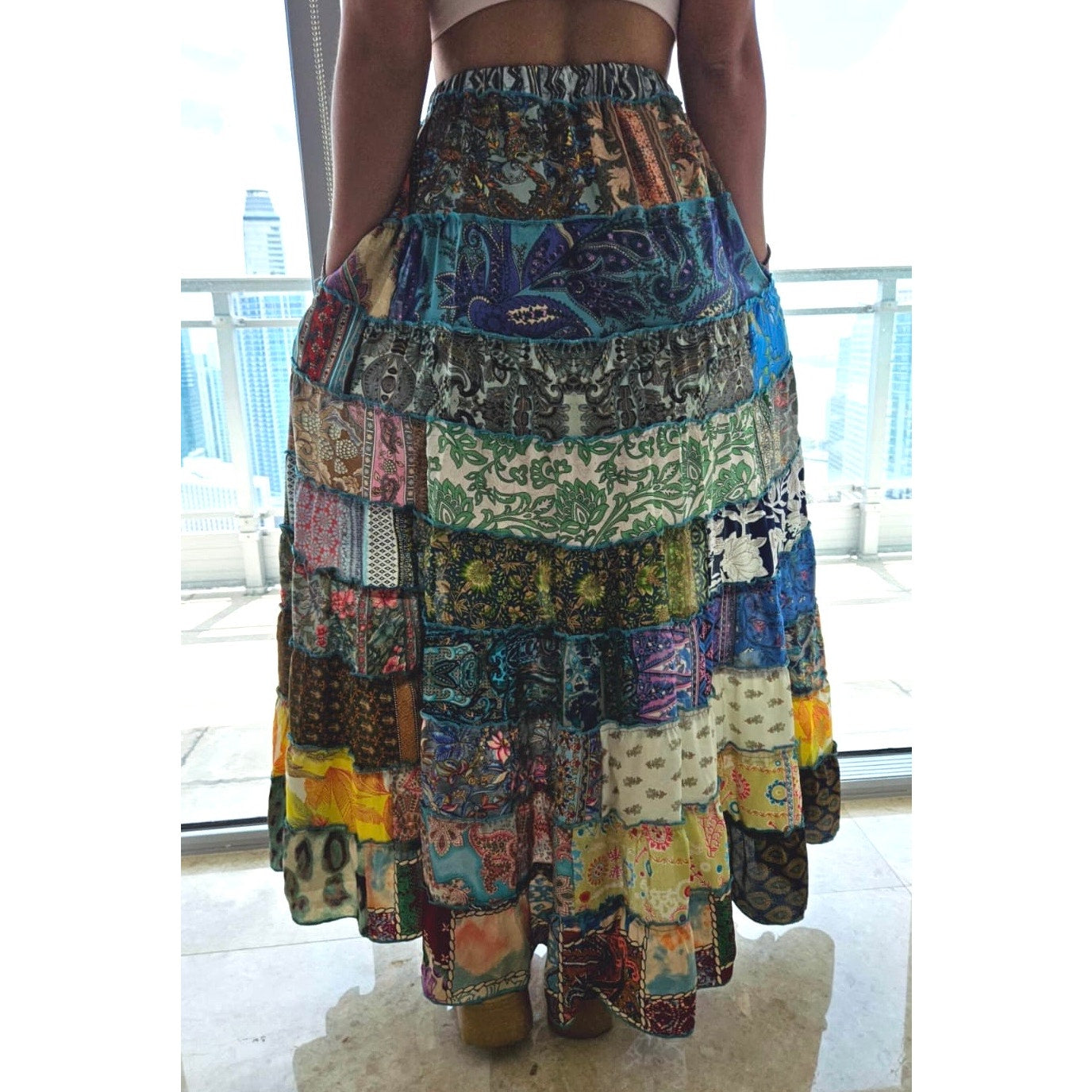 Mixed-Patchwork maxi skirt with pockets- One Size 100% Silk