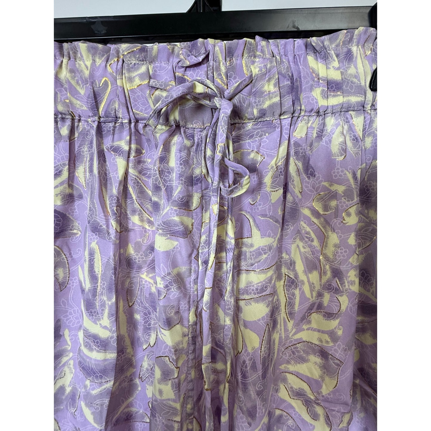 Lavender Tropical Print Wide-Leg Pants with Tassel Drawstring