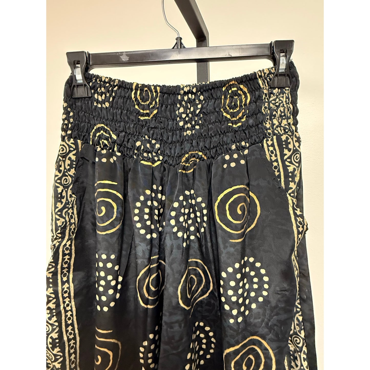 Black & Gold Boho Wide-Leg Resort Pants with Tassel Waist