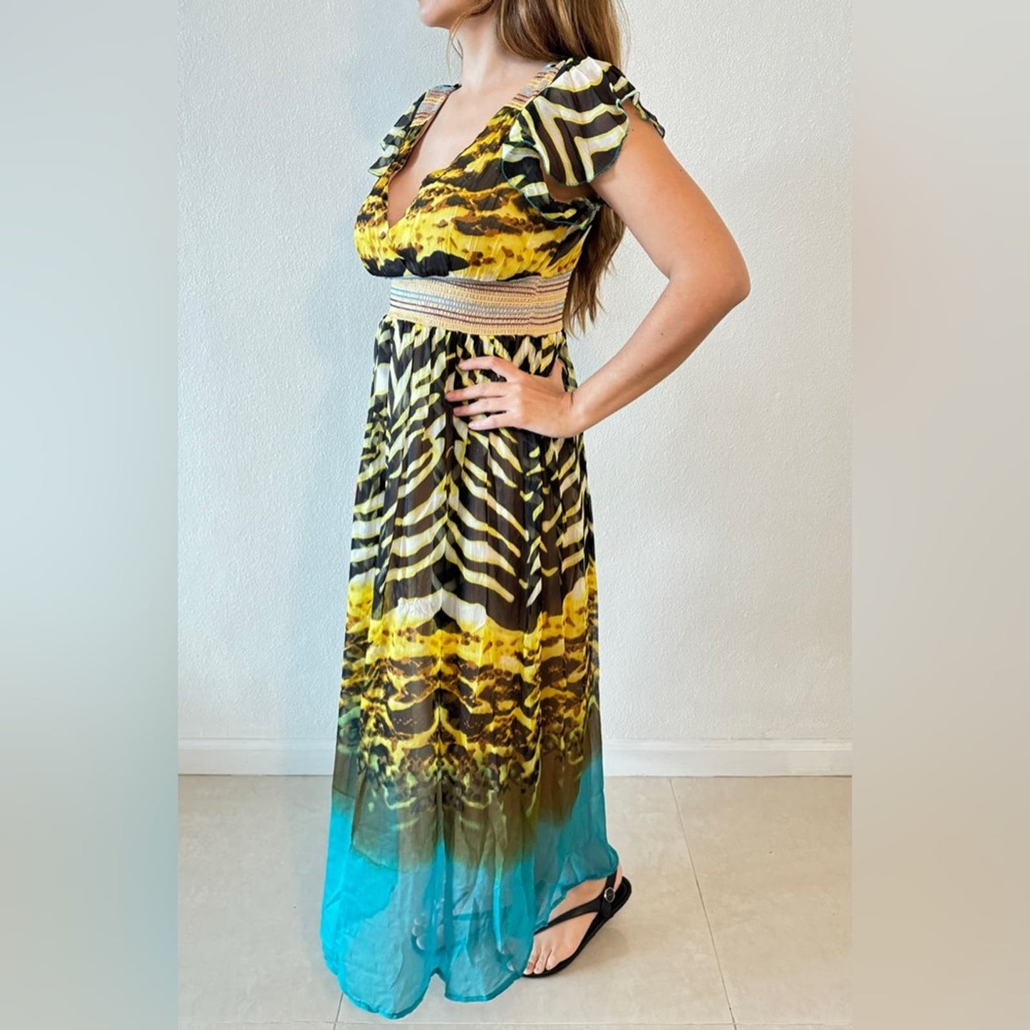 Maxi turquoise and beige animal print Dress