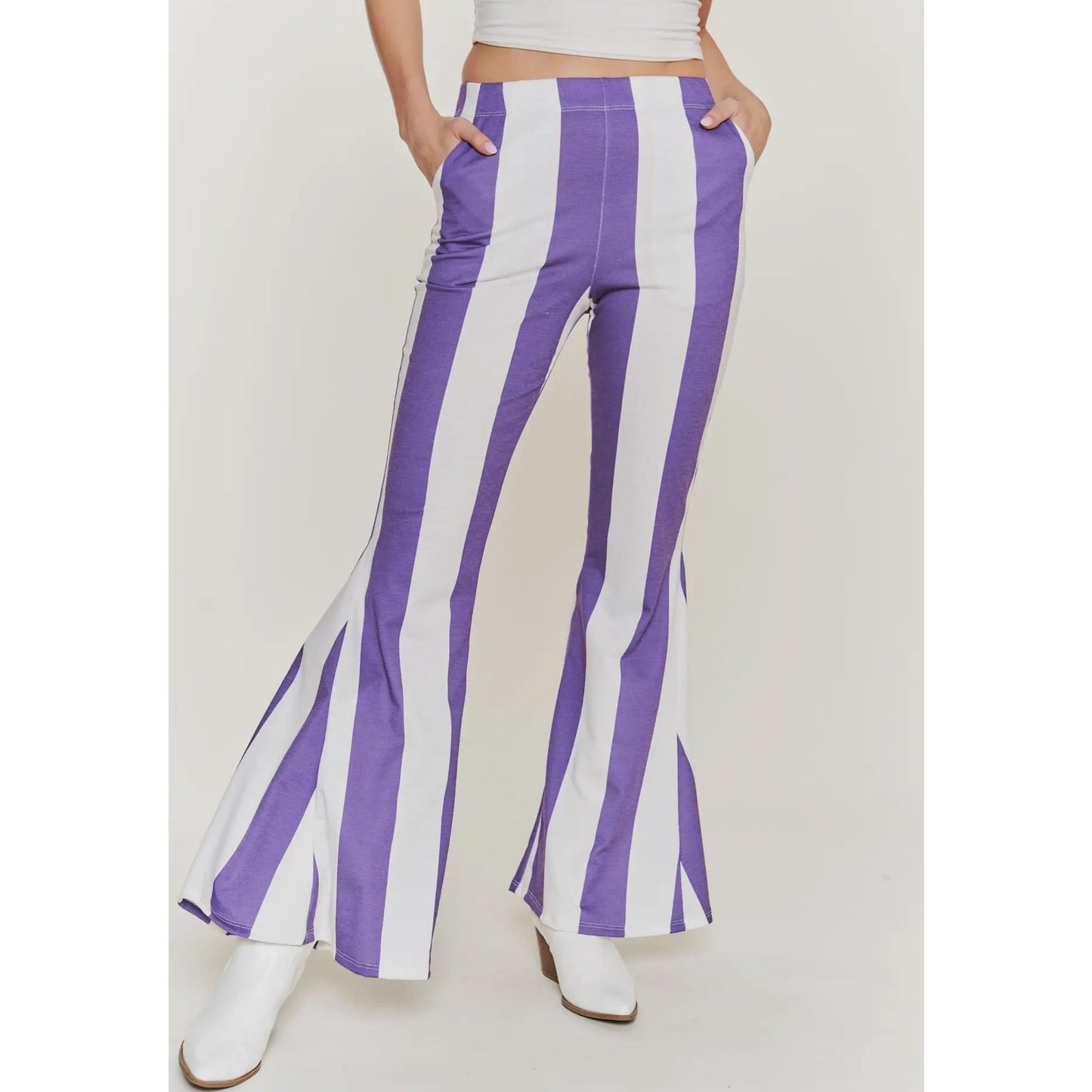 Striped elastic waist band flare pants