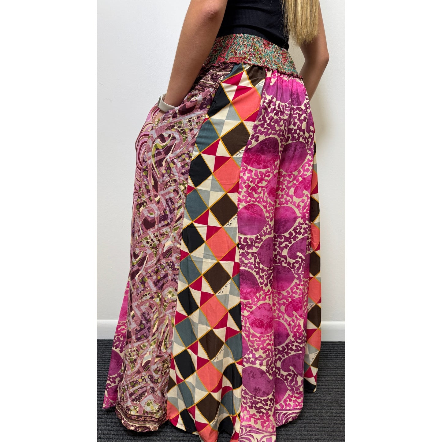 Mixed-print wide-leg trousers- One Size 100% Silk
