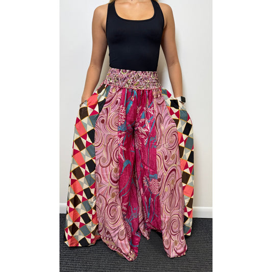 Mixed-print wide-leg trousers- One Size 100% Silk