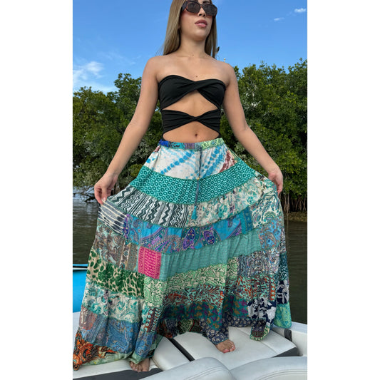 Mixed-Patchwork maxi skirt with pockets- One Size