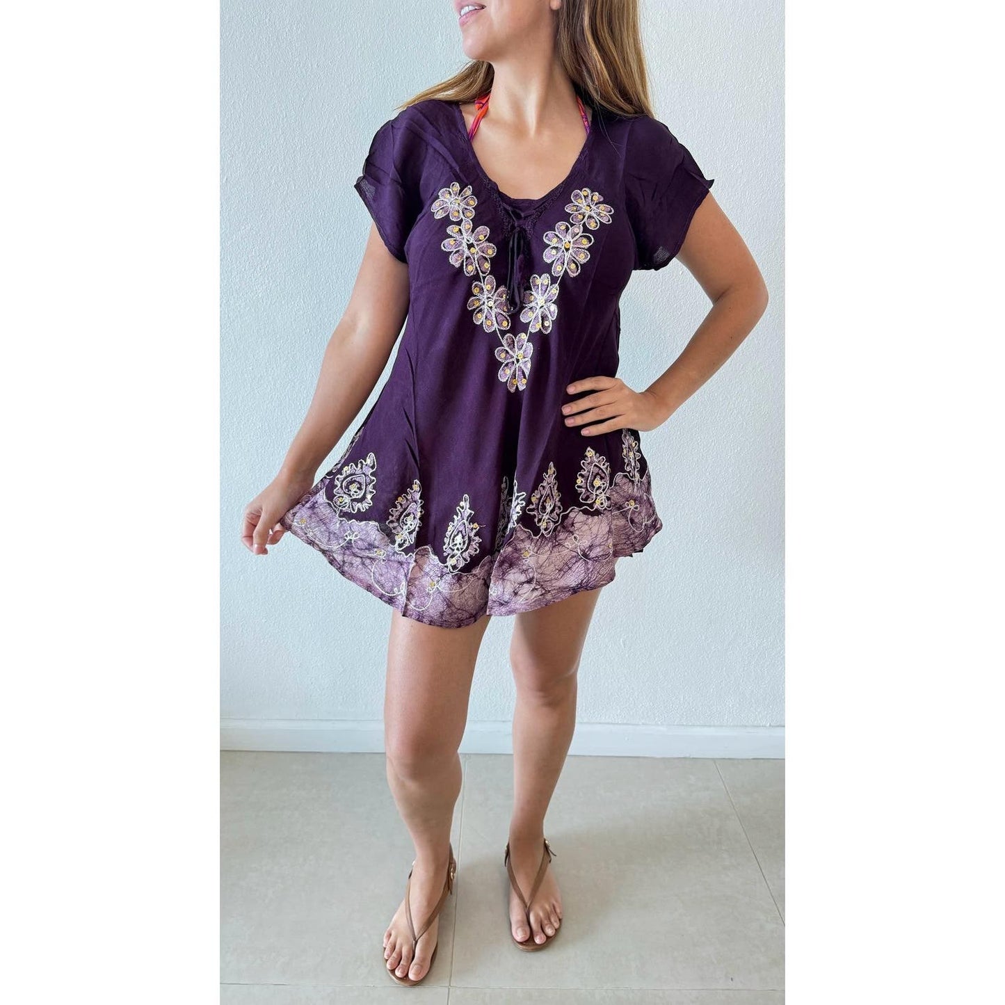 Embroidered floral details beach-pool mini purple dress