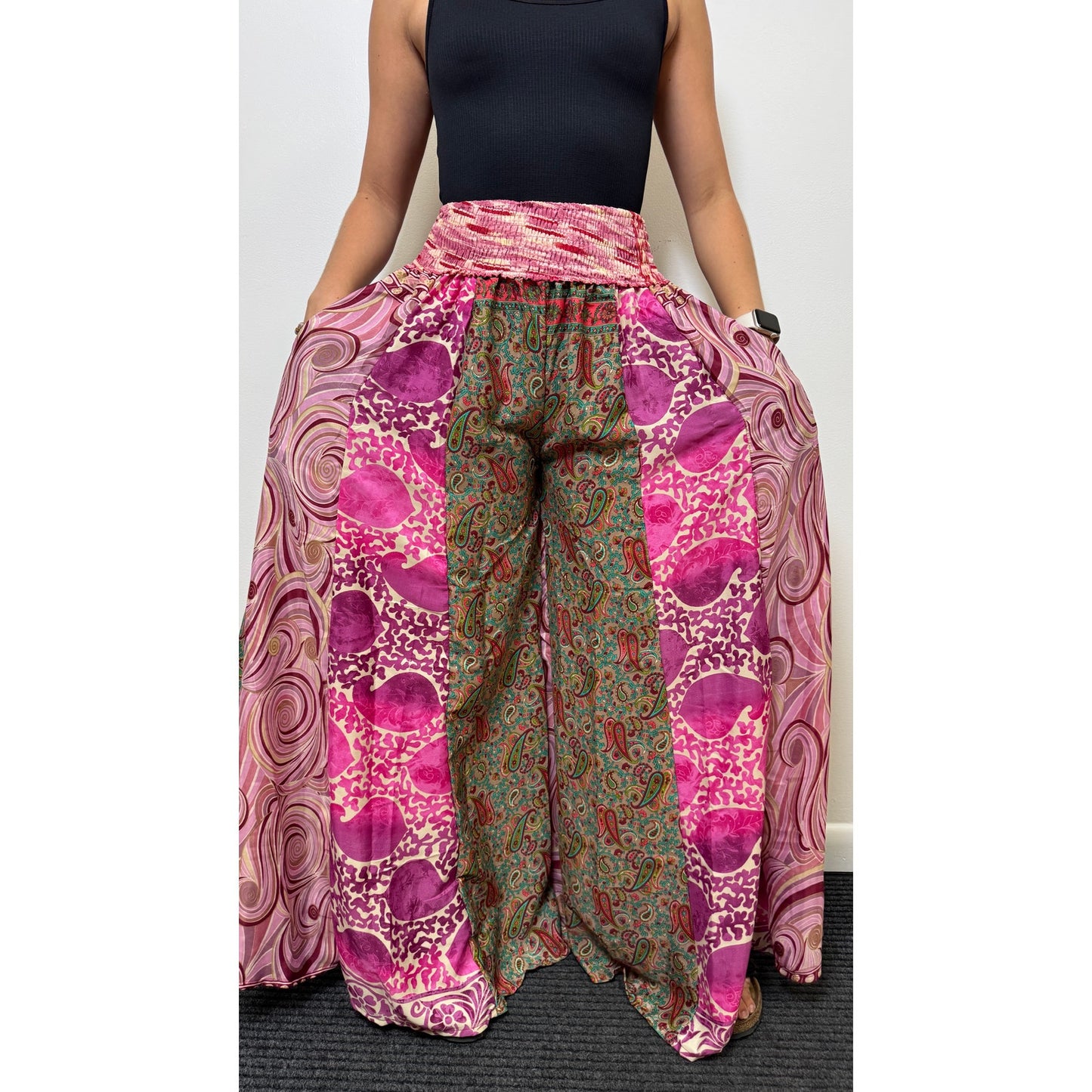 Mixed-print wide-leg trousers- One Size 100% Silk