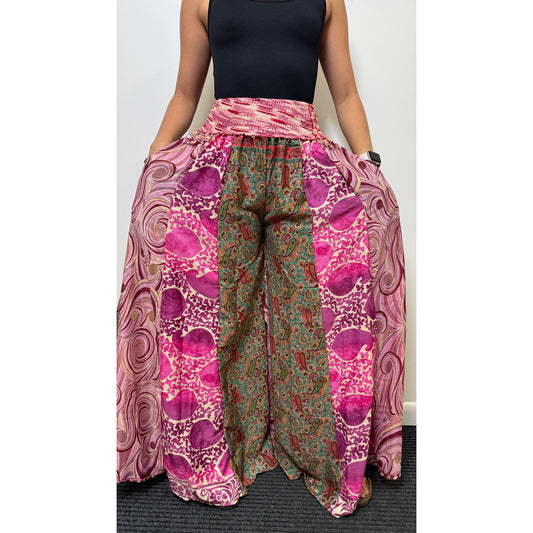 Mixed-print wide-leg trousers- One Size 100% Silk