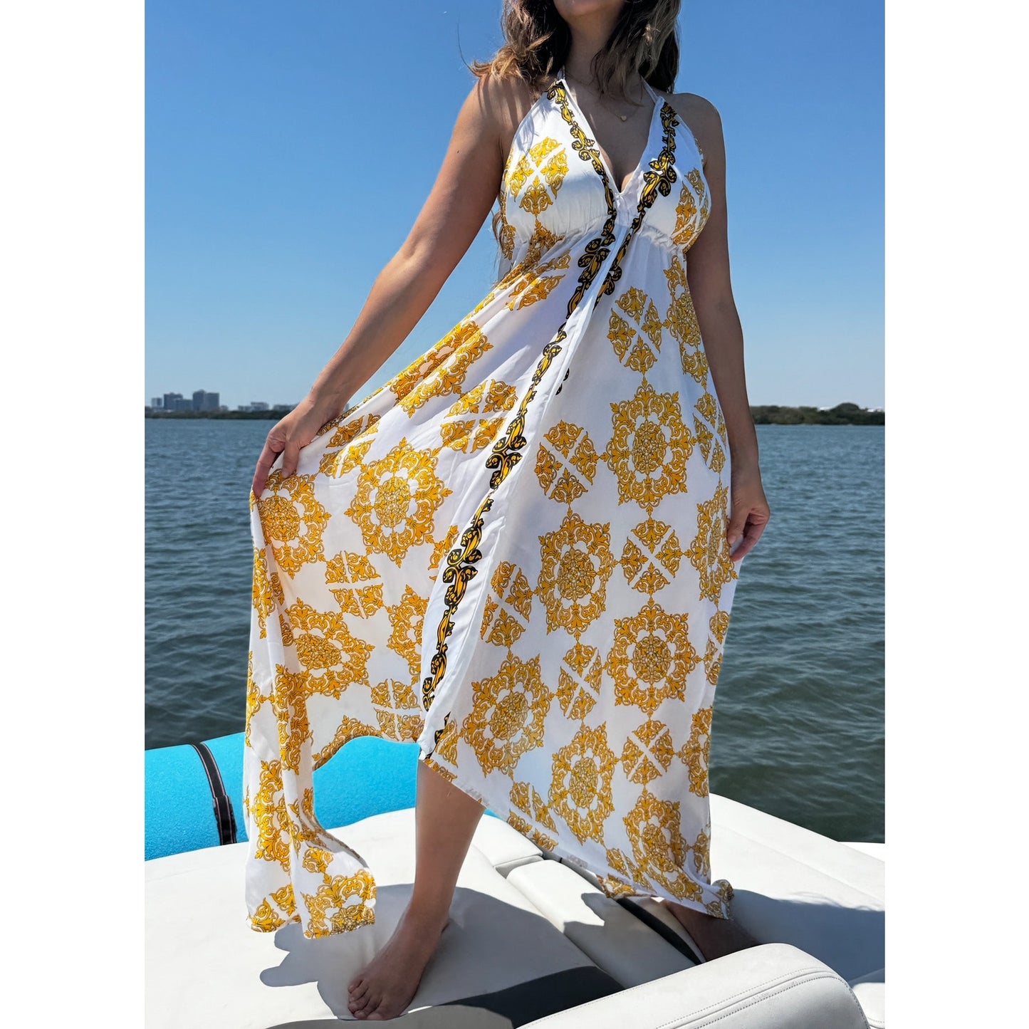 Short gold floral paisley scarf dress cover-up featuring an open back and deep V-neck