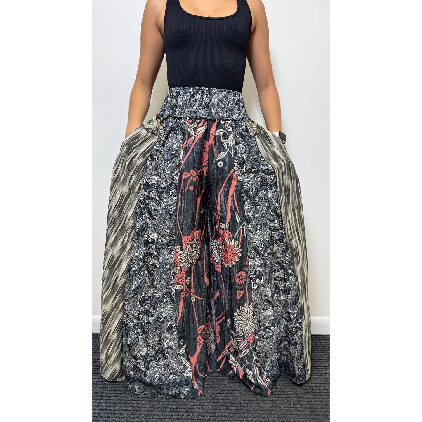 Mixed-print wide-leg trousers- One Size 100% Silk