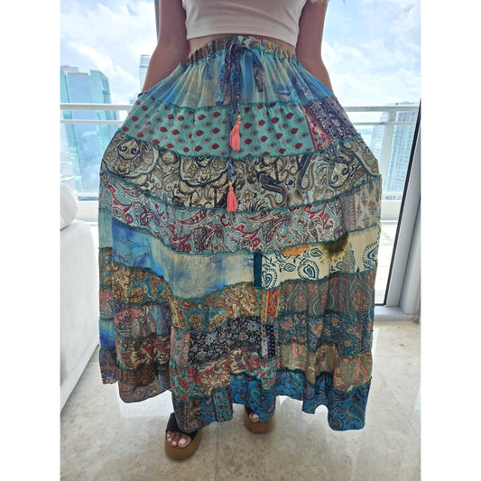 Mixed-Patchwork maxi skirt with pockets- One Size 100% Silk