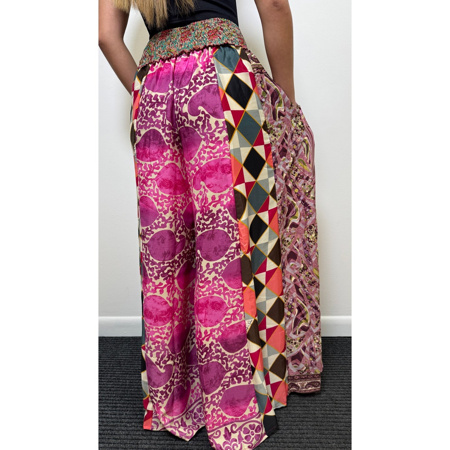 Mixed-print wide-leg trousers- One Size 100% Silk