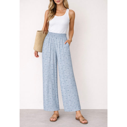 NWOT Soft Blue Smocked Waist Wide-Leg Pants with Pockets