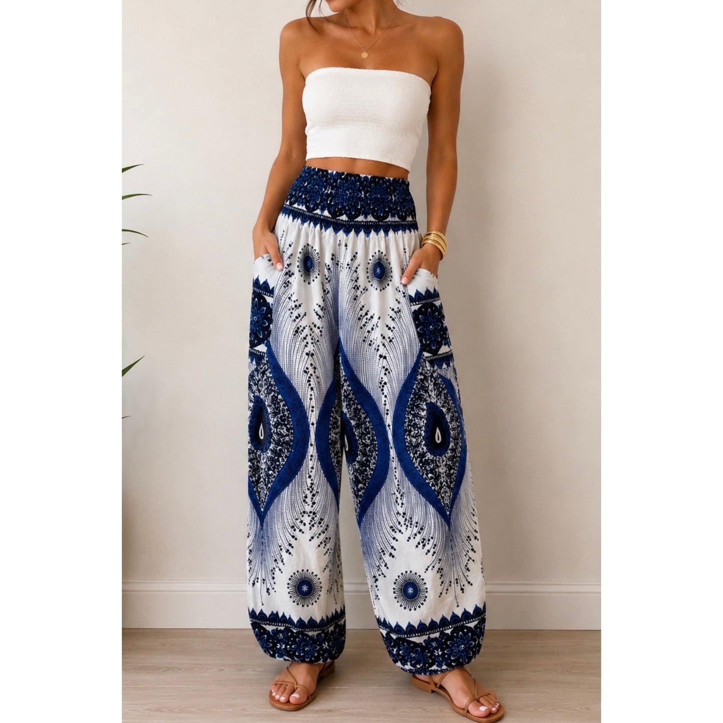 Boho Smocked Harem Pants – Blue Paisley Print