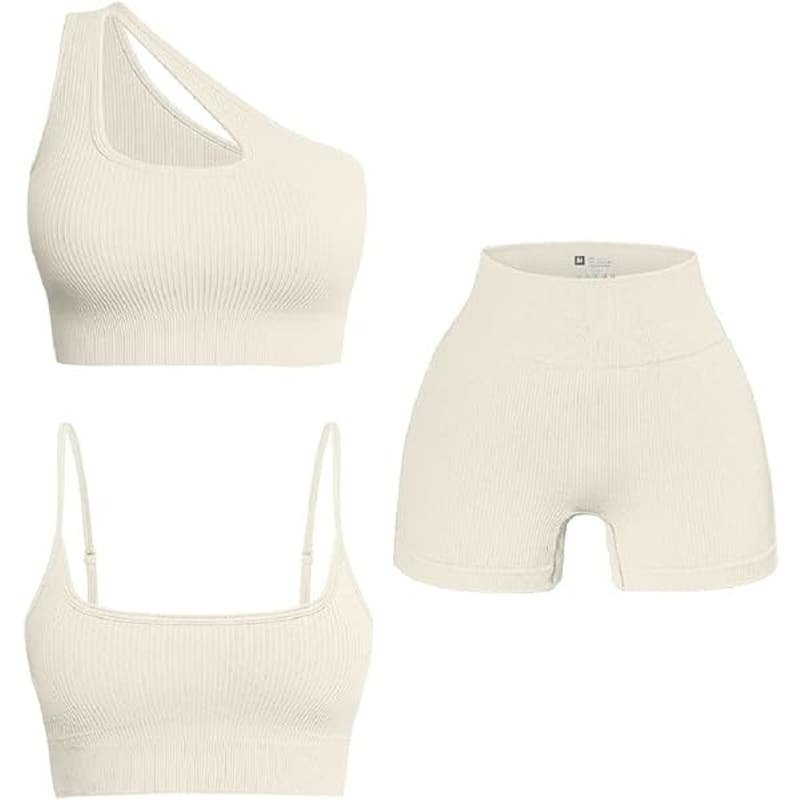 OQQ Women's 3 Piece Ribbed Seamless Sports Bra Tops High Waist Shorts Active Set