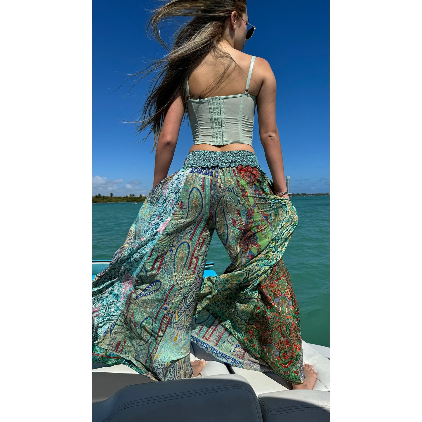 Mixed-print wide-leg trousers- One Size