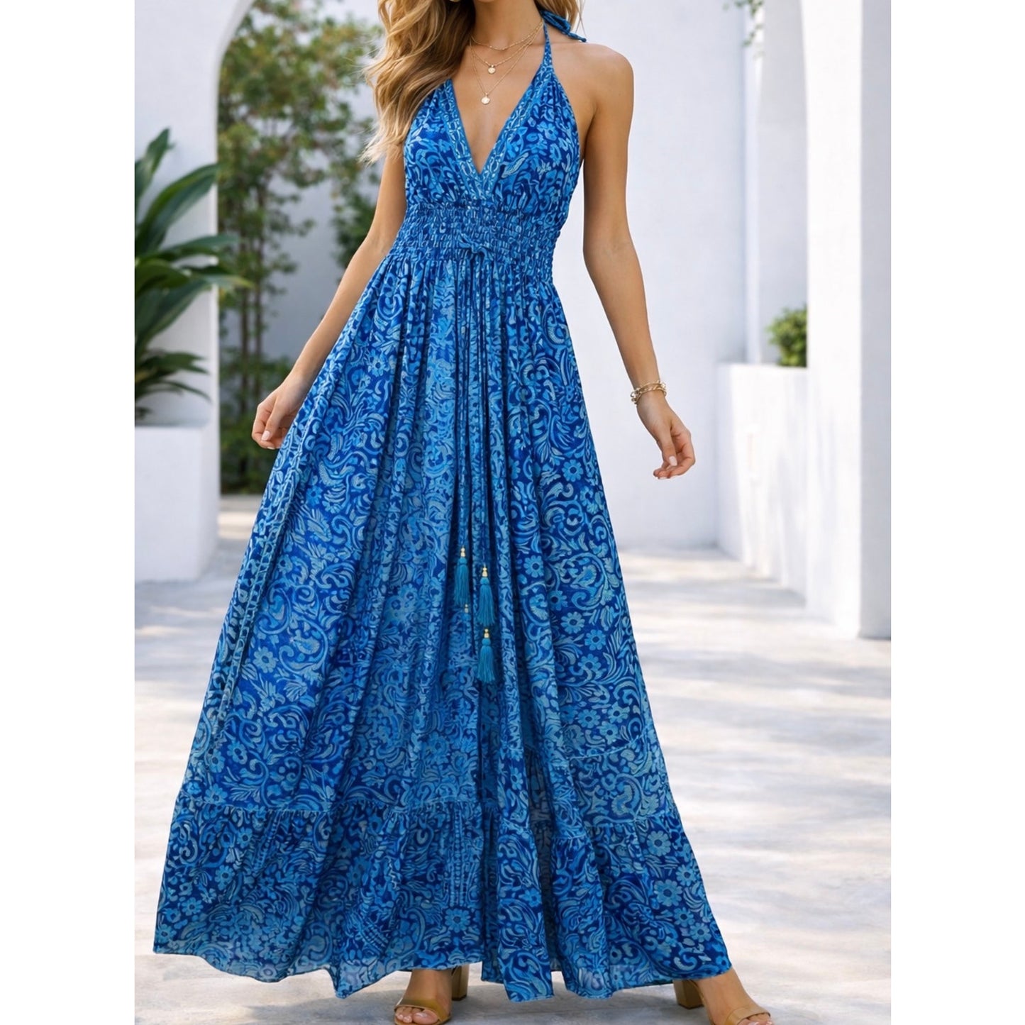 NWT 70% Silk 30% Polyester Blue & Gold Maxi Dress Boho Halter