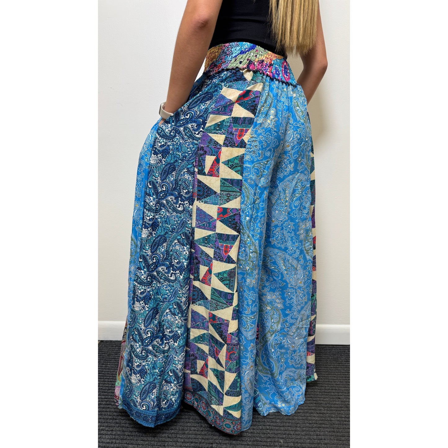 Mixed-print wide-leg trousers- One Size 100% Silk