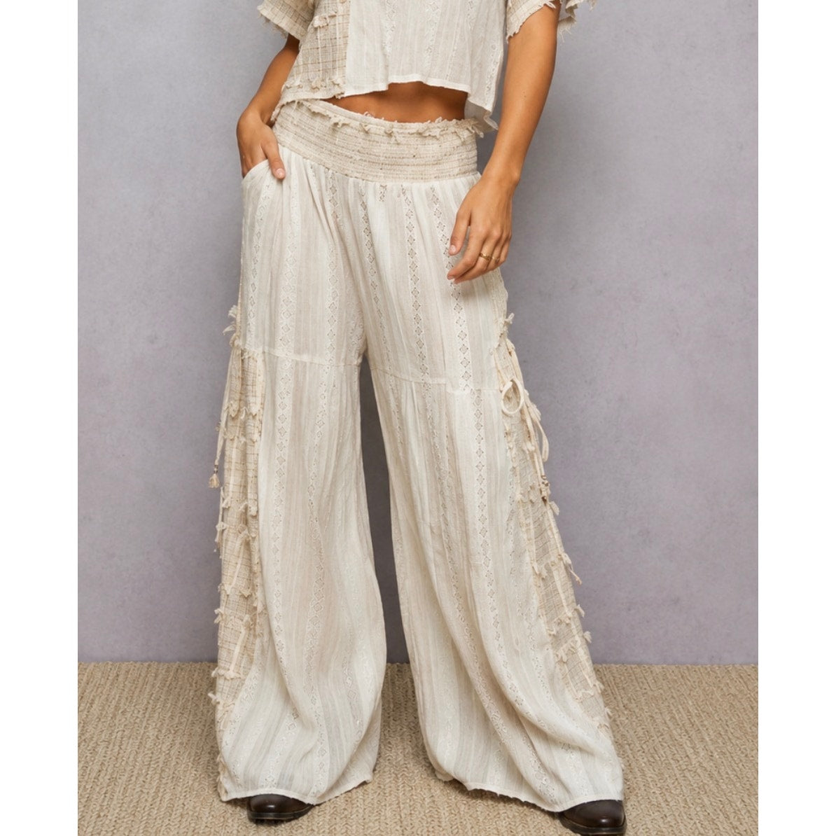 POL Mixed Fabric and Textured Pants in Natural
