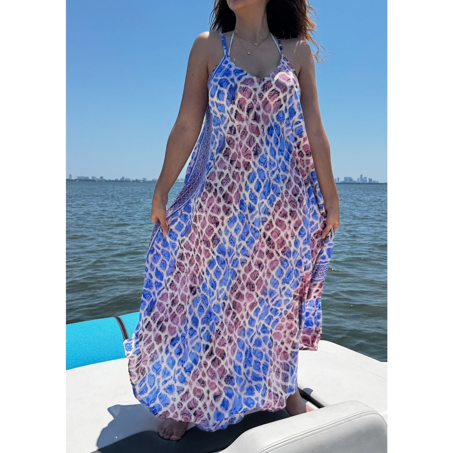 Short gold floral paisley scarf dress cover-up featuring an open back and deep V-neck