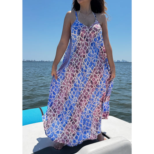 Short gold floral paisley scarf dress cover-up featuring an open back and deep V-neck