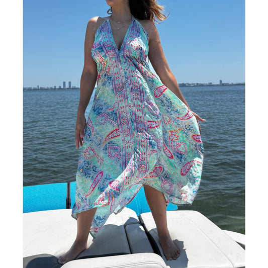 Short floral paisley scarf dress cover-up featuring an open back and deep V-neck