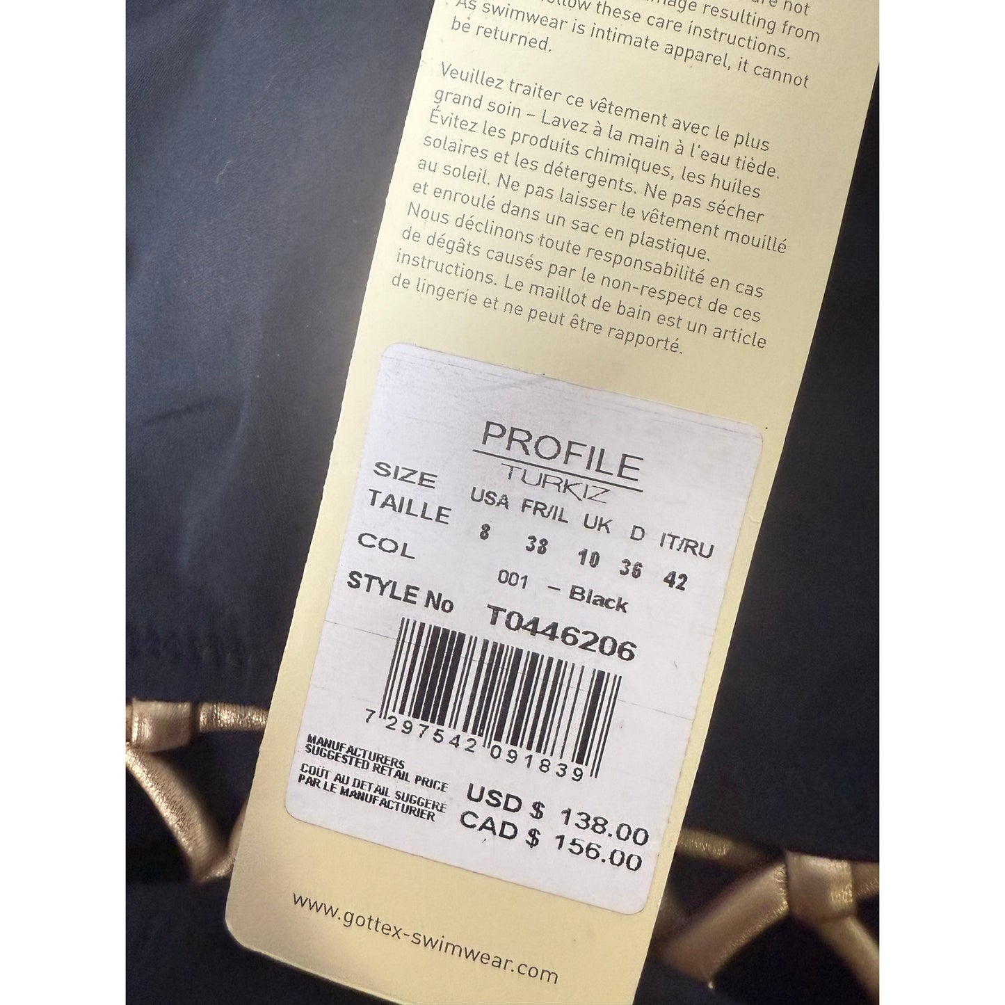 Gottex Profile Turkiz Women's One Piece Swimsuit Black Gold Size NWT