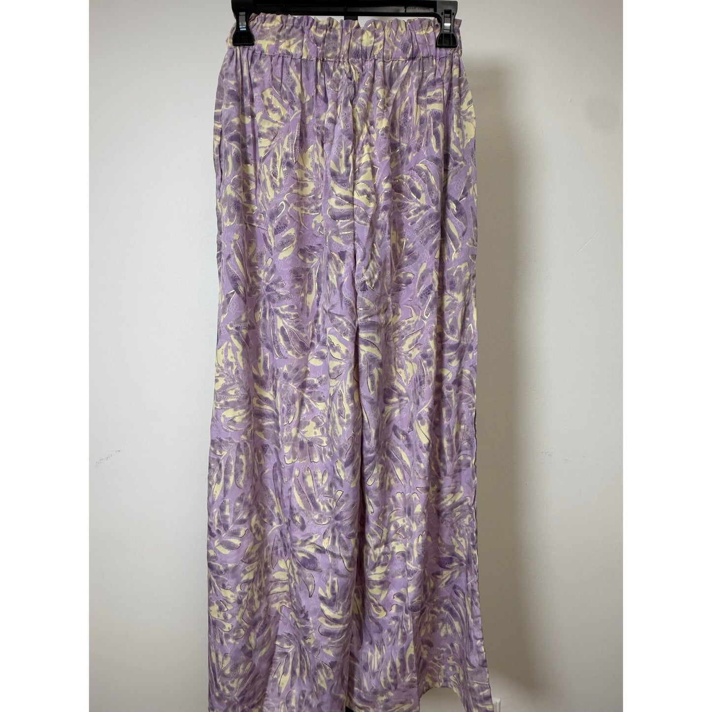 Lavender Tropical Print Wide-Leg Pants with Tassel Drawstring